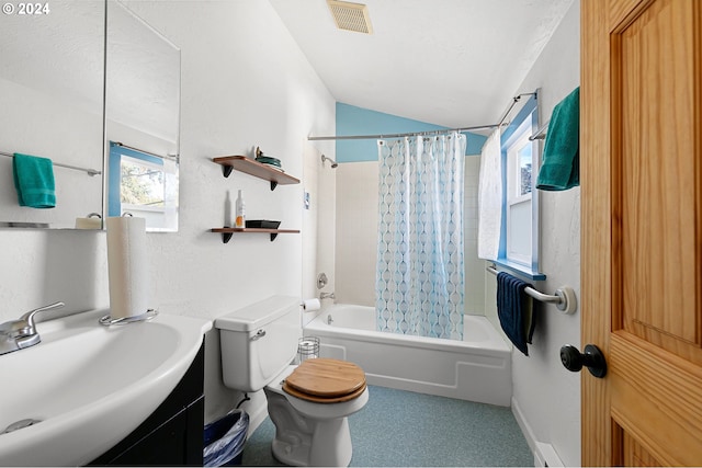 full bathroom featuring shower / tub combo with curtain, lofted ceiling, vanity, and toilet