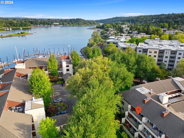 birds eye view of property with a water view