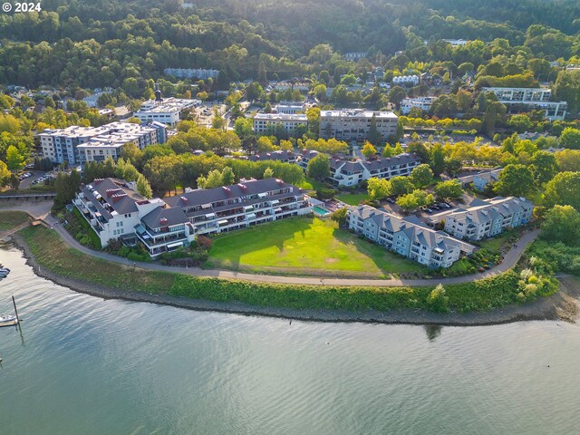 bird's eye view with a water view