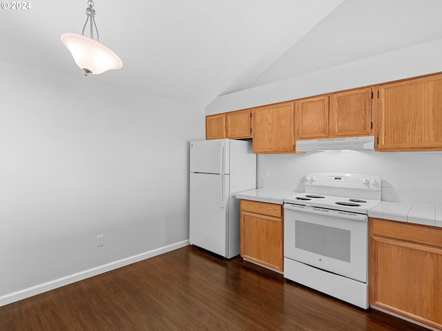 kitchen featuring tile countertops, high vaulted ceiling, white appliances, dark wood-type flooring, and hanging light fixtures