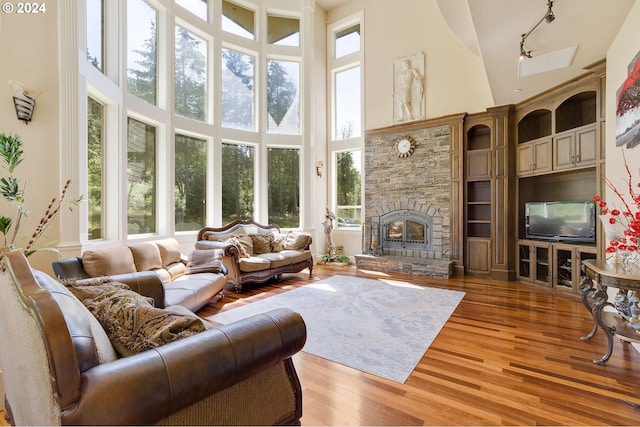 living room featuring a fireplace, a towering ceiling, hardwood / wood-style flooring, and plenty of natural light