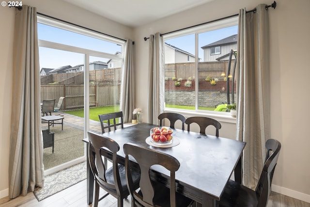 dining space featuring a healthy amount of sunlight, baseboards, and wood finished floors