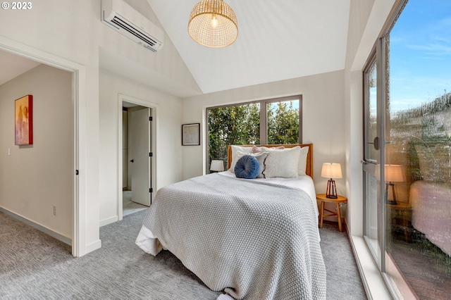 carpeted bedroom with a wall mounted air conditioner and lofted ceiling