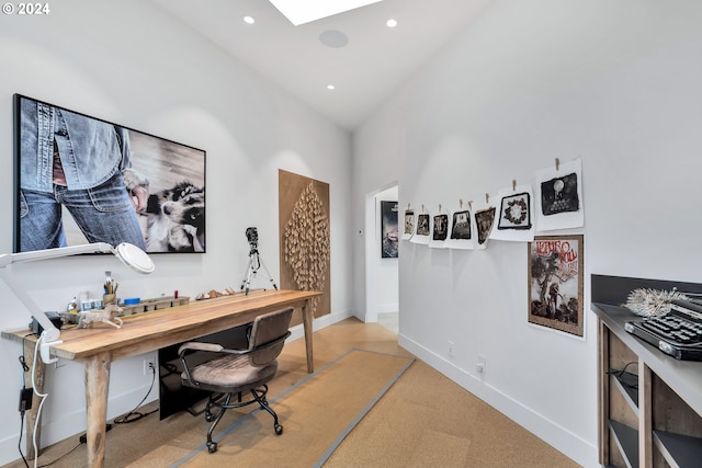 home office with high vaulted ceiling