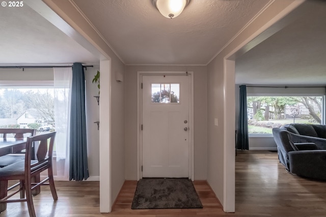 foyer featuring crown molding, wood-type flooring, and plenty of natural light