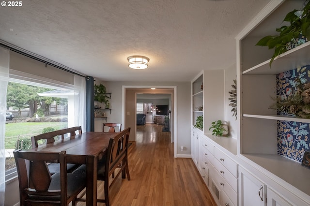 dining room featuring plenty of natural light, light hardwood / wood-style floors, and a textured ceiling