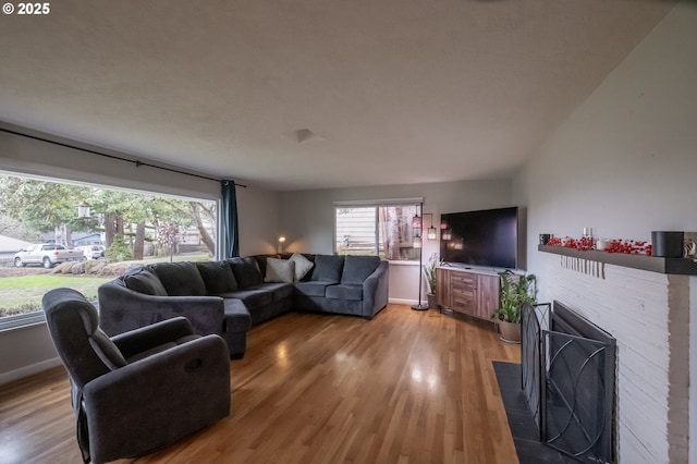 living room featuring wood-type flooring and a fireplace