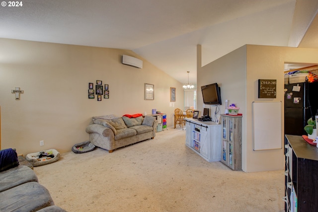 living room featuring an inviting chandelier, lofted ceiling, light carpet, and an AC wall unit