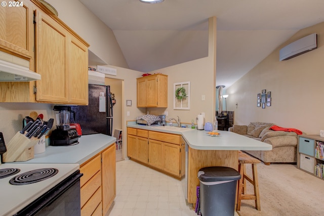 kitchen featuring a breakfast bar area, light brown cabinetry, lofted ceiling, and white electric range