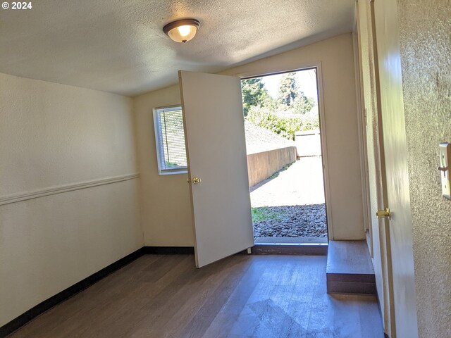 doorway with a textured ceiling, dark hardwood / wood-style floors, a healthy amount of sunlight, and vaulted ceiling