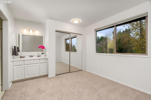 bedroom with sink, light colored carpet, and a closet