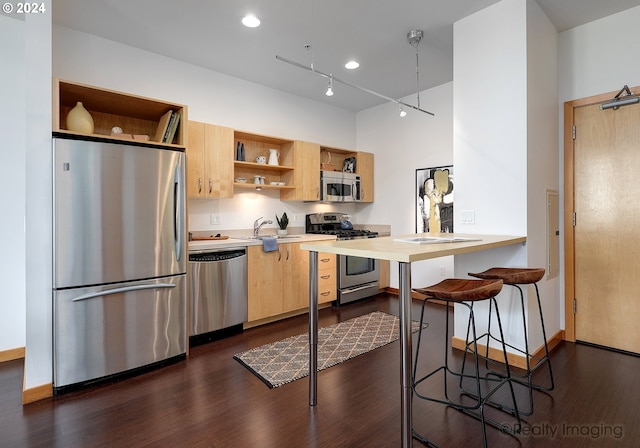 kitchen featuring stainless steel appliances, a sink, light countertops, dark wood-style floors, and open shelves