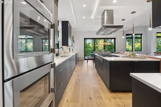 kitchen with appliances with stainless steel finishes, light wood-type flooring, island range hood, sink, and pendant lighting