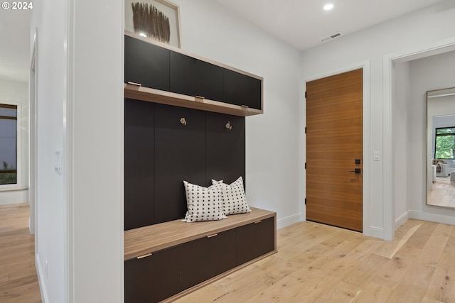 13581 Goodall Rd, Lake Oswego, OR 97034 - mudroom featuring light wood finished floors, baseboards, and recessed lighting
