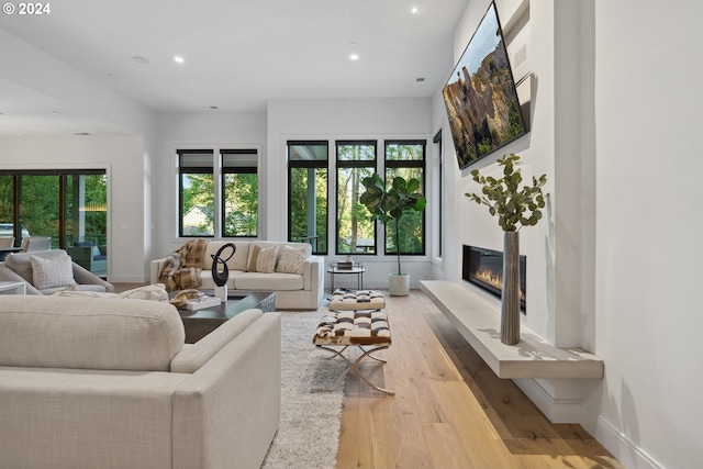13581 Goodall Rd, Lake Oswego, OR 97034 - living area featuring wood-type flooring, a glass covered fireplace, recessed lighting, and baseboards