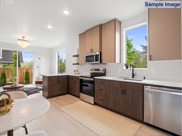 kitchen with stainless steel appliances, a sink, light countertops, a peninsula, and light wood finished floors