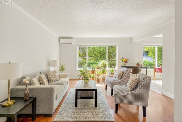 living room featuring hardwood / wood-style flooring, a wall unit AC, and ornamental molding