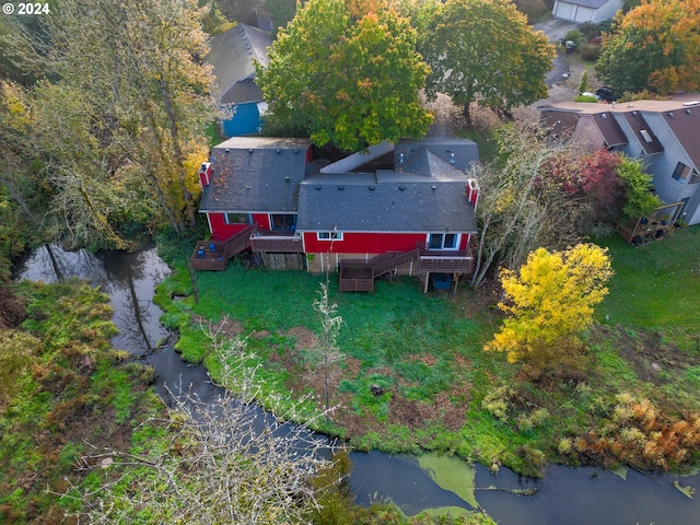 bird's eye view with a water view