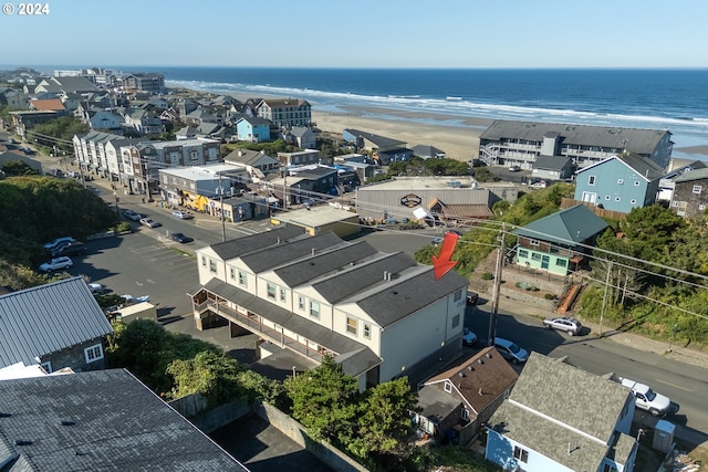 aerial view featuring a beach view and a water view