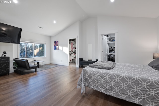 bedroom featuring a walk in closet, a closet, and wood-type flooring