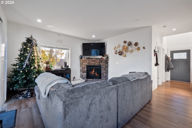 living room with a stone fireplace and wood-type flooring