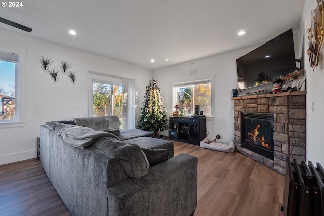 living room with a fireplace, plenty of natural light, and hardwood / wood-style flooring