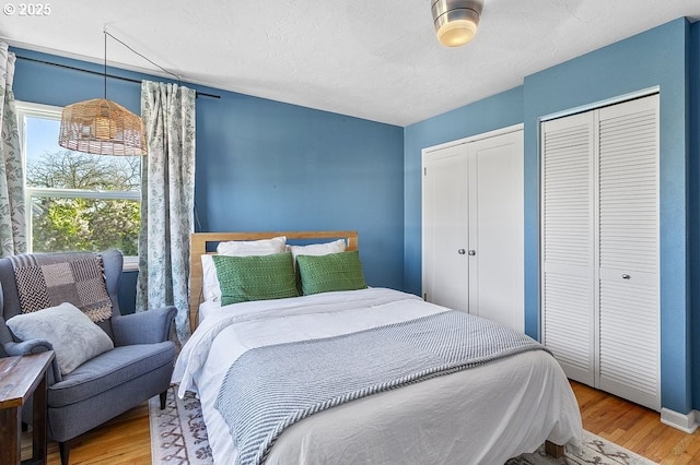 bedroom with wood-type flooring and two closets