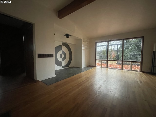 13815 NE Knott St, Portland, OR 97230 - unfurnished living room featuring wood finished floors, beam ceiling, and high vaulted ceiling
