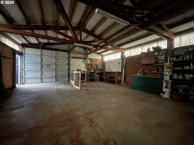 garage with a workshop area