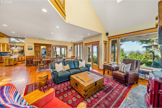 living room with high vaulted ceiling, a wealth of natural light, and wood-type flooring