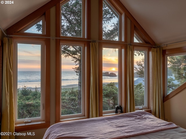 unfurnished bedroom with a beach view, a water view, and lofted ceiling