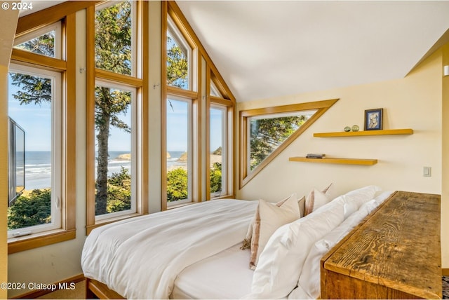 bedroom with a water view and vaulted ceiling