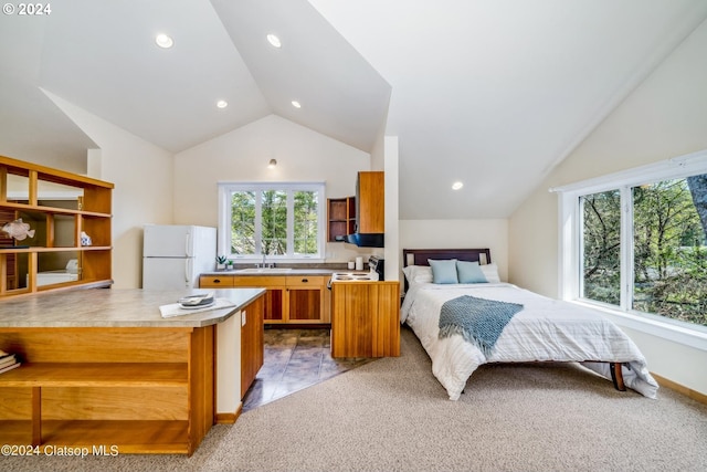 carpeted bedroom featuring multiple windows, sink, white refrigerator, and vaulted ceiling