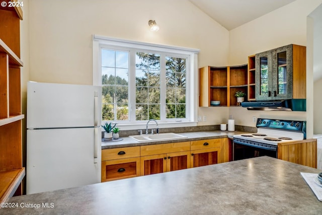 kitchen featuring ventilation hood, white appliances, sink, and lofted ceiling