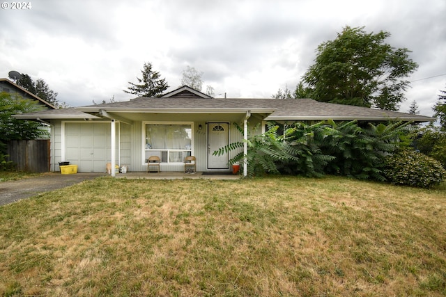 single story home with a front lawn and a porch