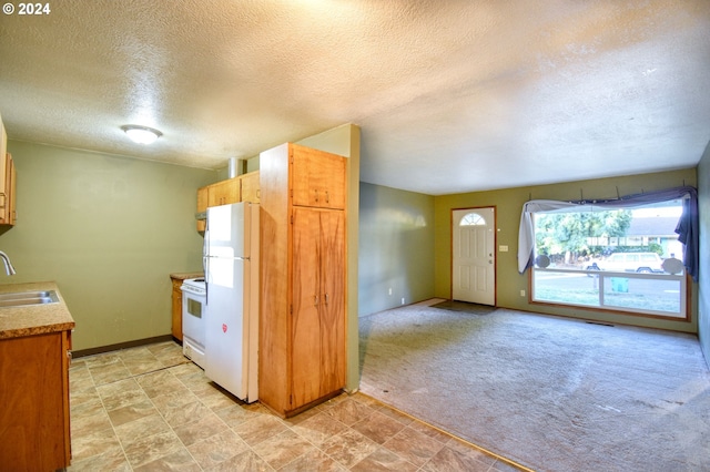 kitchen featuring light carpet, a textured ceiling, sink, and white appliances