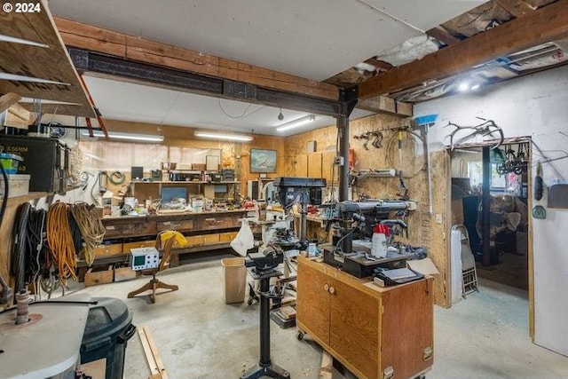 basement with a workshop area