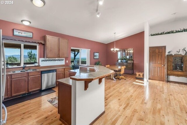 kitchen with vaulted ceiling, a wealth of natural light, stainless steel appliances, and light hardwood / wood-style floors