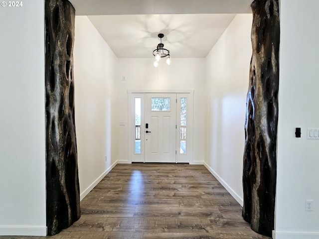 foyer entrance with a notable chandelier and wood-type flooring