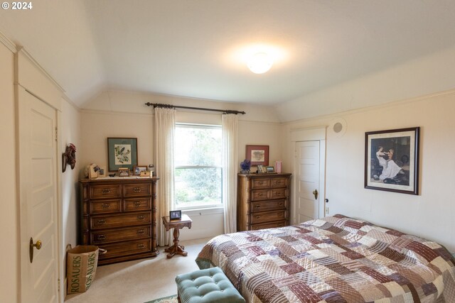 carpeted bedroom with lofted ceiling