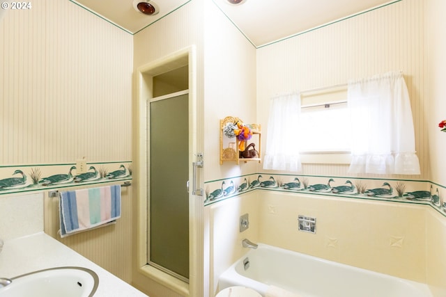 3465 Avalon Dr, Hood River, OR 97031 - bathroom with a bath, wallpapered walls, vanity, and a shower with door