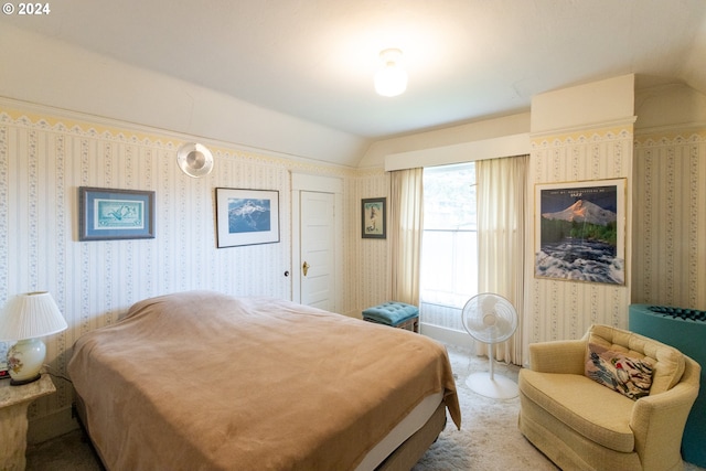 3465 Avalon Dr, Hood River, OR 97031 - bedroom featuring wallpapered walls, lofted ceiling, and carpet flooring