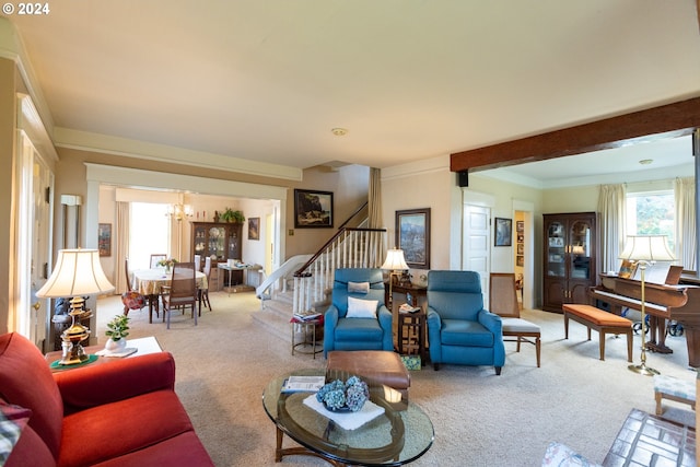 3465 Avalon Dr, Hood River, OR 97031 - carpeted living room featuring an inviting chandelier, crown molding, stairs, and beamed ceiling