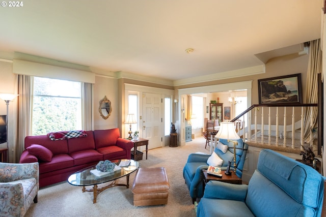 3465 Avalon Dr, Hood River, OR 97031 - living area featuring an inviting chandelier, stairs, and carpet floors