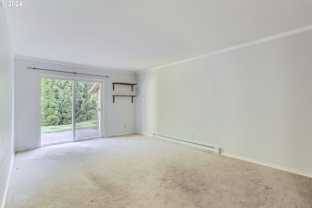 unfurnished room with baseboard heating, crown molding, and carpet floors