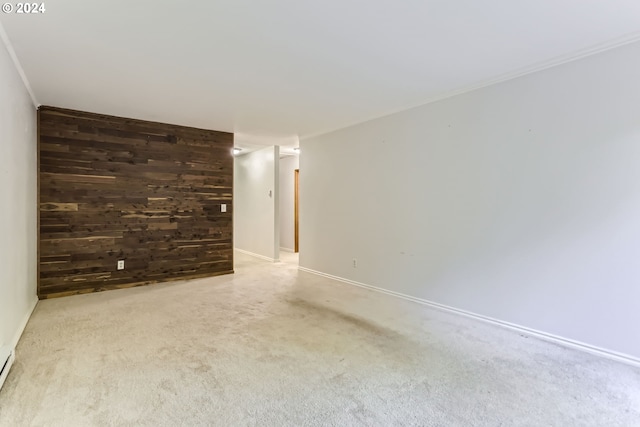 carpeted empty room featuring wood walls