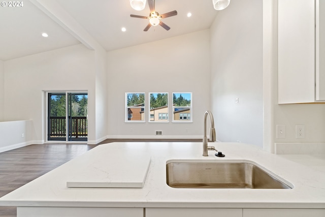 kitchen featuring hardwood / wood-style floors, high vaulted ceiling, light stone counters, and sink