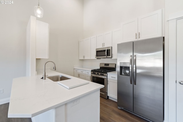 kitchen with sink, dark hardwood / wood-style floors, decorative light fixtures, white cabinetry, and stainless steel appliances