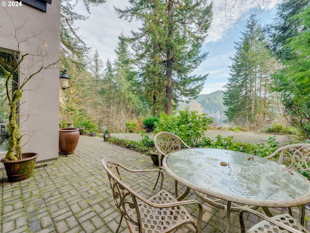 view of patio / terrace featuring a mountain view