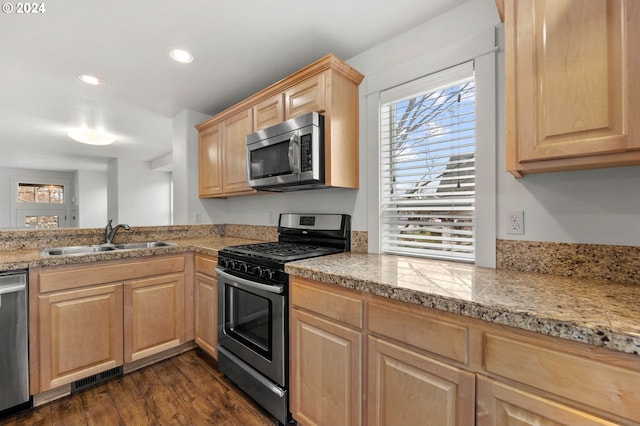 kitchen featuring sink, light brown cabinets, appliances with stainless steel finishes, and dark wood-type flooring